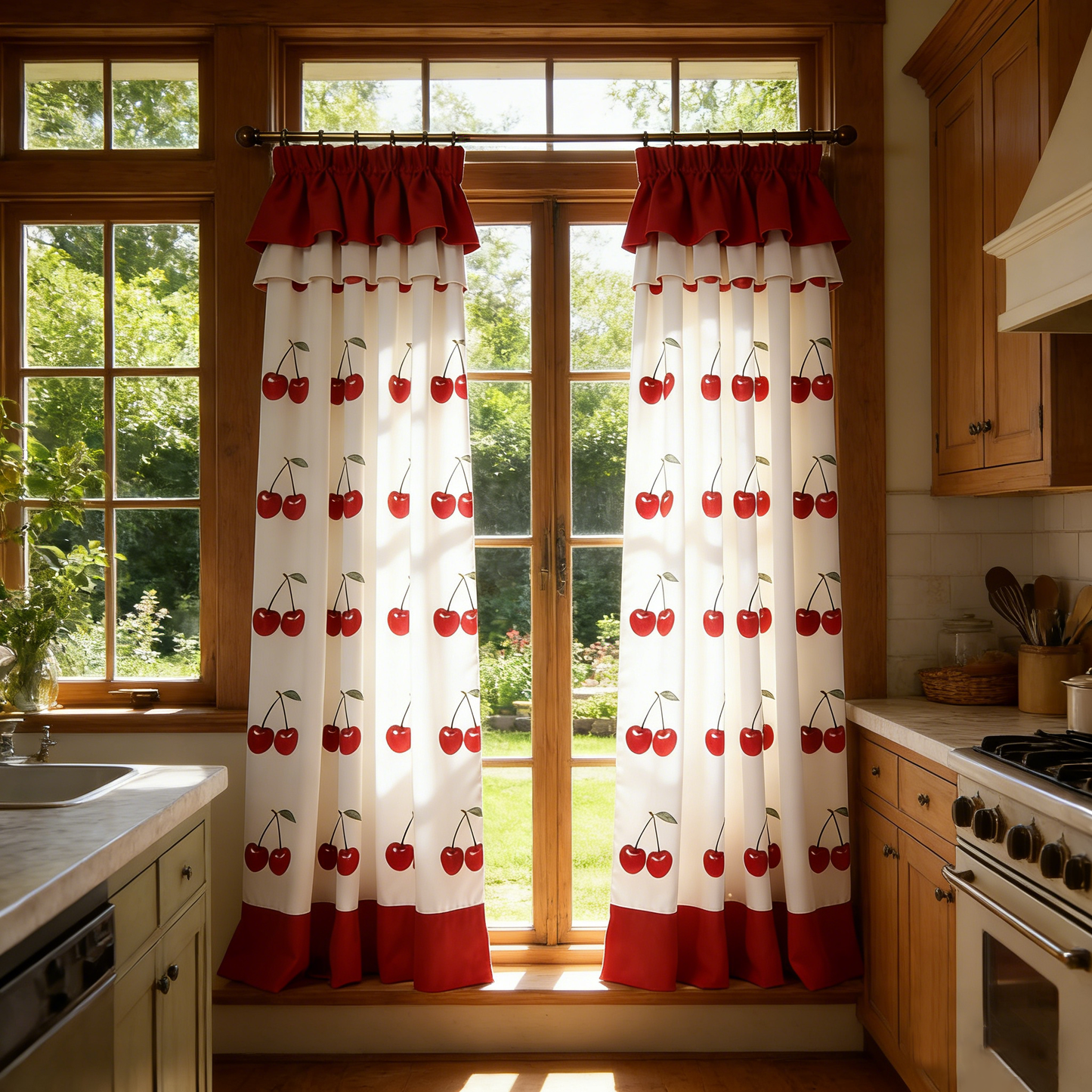 Cherry Print Ruffled Curtains