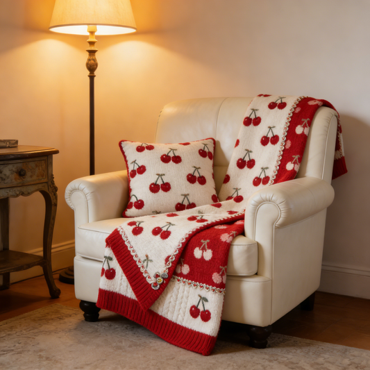 Cherry Embroidered Knit Sofa Towel