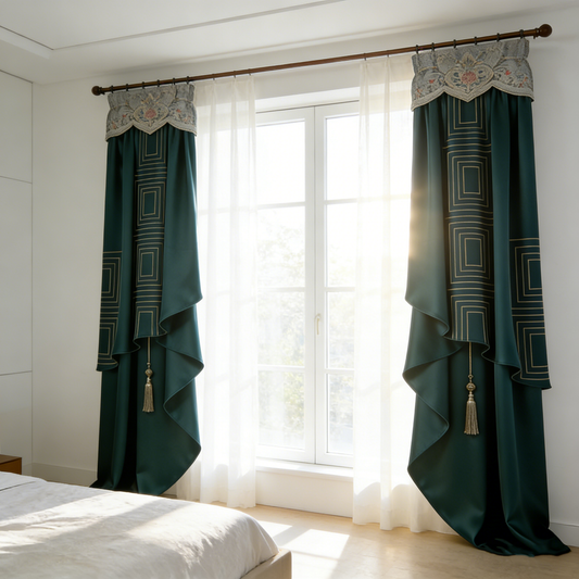 Teal Geometric Embroidered Curtains