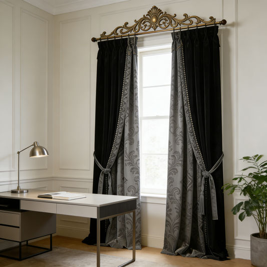 Black & Grey Floral Velvet Curtains