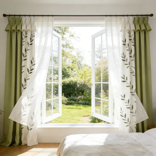 Green & White Leaf Curtains