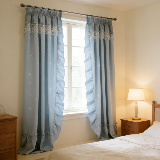 Sky Blue Heart Ruffle Curtains