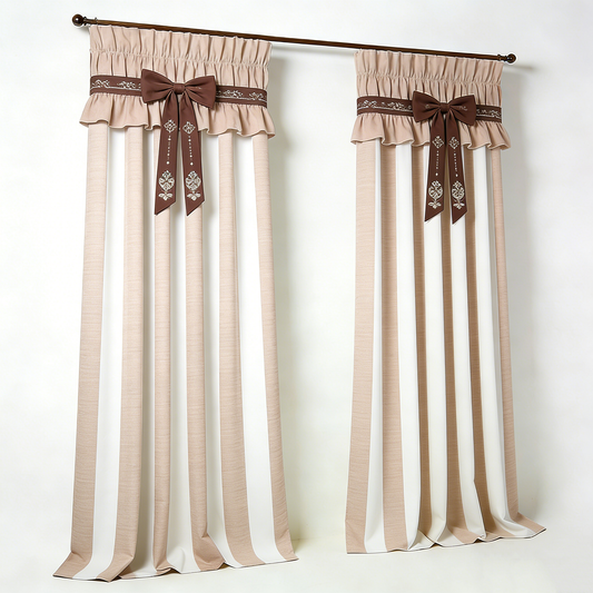 Beige Bow Striped Curtains