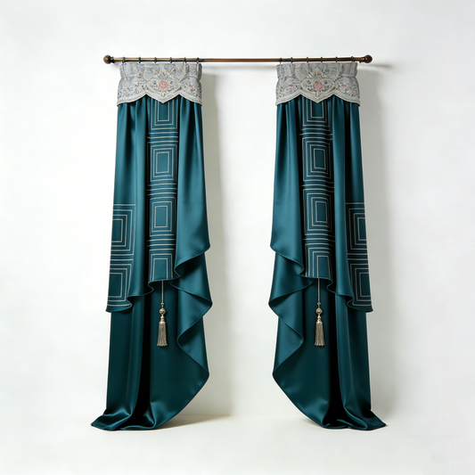 Teal Geometric Embroidered Curtains